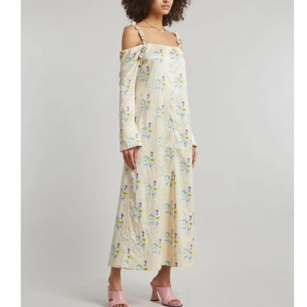 NWT GANNI - Ganni Floral Off the Shoulder Long Sleeve Crinkled Satin Maxi Dress